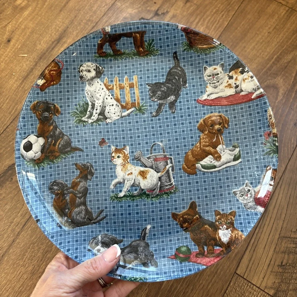 Vintage Decorative Plate Cranston Village VIP Fabric On Glass Puppies‎ Kittens